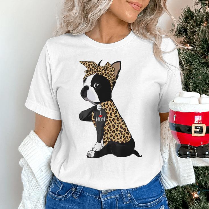 Boston Terrier Lover I Love Mom Tattoo Leopard Unisex T-Shirt, Boston Terrier Mom Shirts, gift for family, gift for coworker