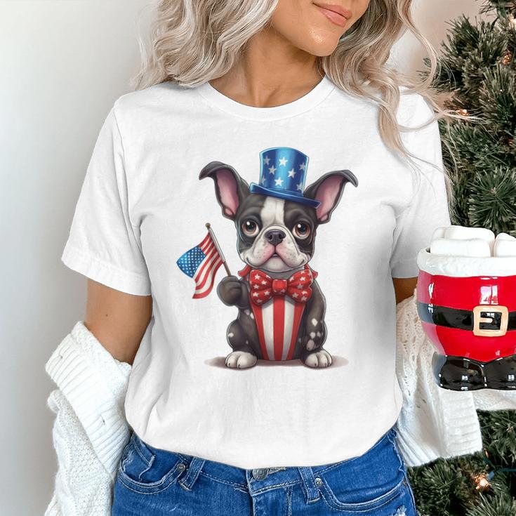 Boston Terrier Puppy Dog Holds His American Flag 4th Of July Unisex T-Shirt, American Boston Terrier Shirts, Boston Terrier 4th Of July Shirts, gift for family, gift for coworker