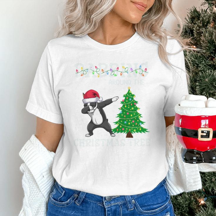 Boston Terrier Santa Hat Dabbing Around The Christmas Tree Unisex T-Shirt, Boston Terrier Christmas Shirts, gift for family, gift for coworker