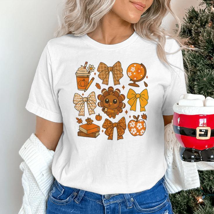 Coquette Teach Teacher Bows Thanksgiving Turkey Fall Autumn Unisex T-Shirt, gift for family, gift for coworker