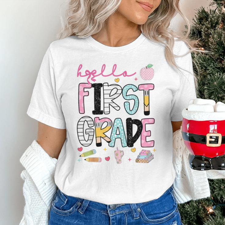 Hello First Grade Teacher Coquette Pencil Bow Back To School Unisex T-Shirt, First Grade Teacher Shirts, gift for family, gift for coworker Hello First Grade Teacher Coquette Pencil Bow Back To School Unisex T-Shirt, First Grade Teacher Shirts, gift for family, gift for coworker