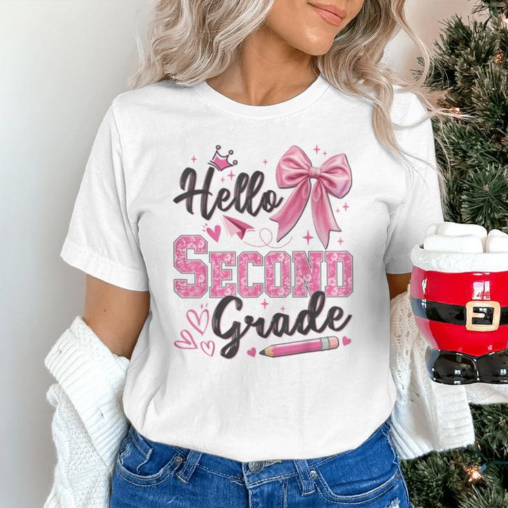 Hello Second Grade First Day Of School Coquette Teacher Girl Unisex T-Shirt, First Grade Teacher Shirts, gift for family, gift for coworker Hello Second Grade First Day Of School Coquette Teacher Girl Unisex T-Shirt, First Grade Teacher Shirts, gift for family, gift for coworker