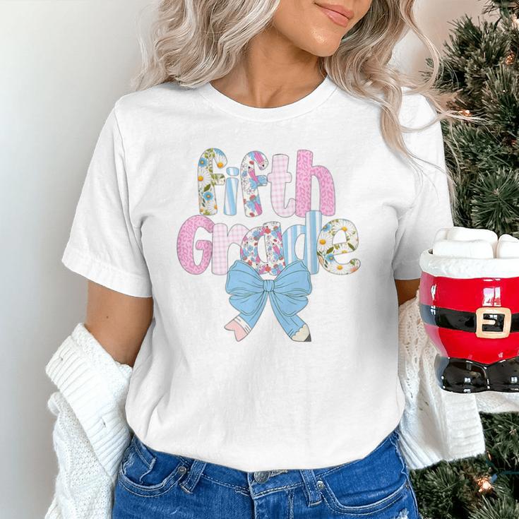 Preppy Fifth Grade Teacher Blue Floral Coquette Pencil Bow Unisex T-Shirt, gift for family, gift for coworker Preppy Fifth Grade Teacher Blue Floral Coquette Pencil Bow Unisex T-Shirt, gift for family, gift for coworker