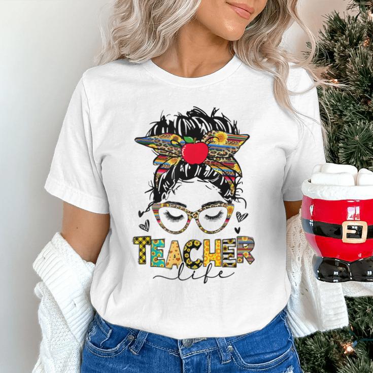 Teacher Life Messy Bun Glasses Leopard Sunflower Unisex T-Shirt, gift for family, gift for coworker Teacher Life Messy Bun Glasses Leopard Sunflower Unisex T-Shirt, gift for family, gift for coworker