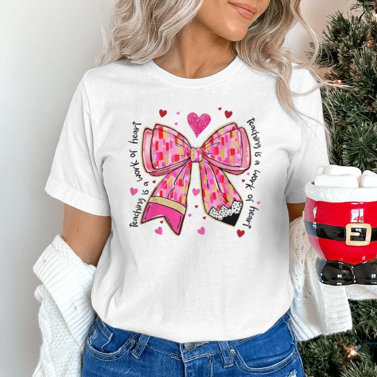 Teaching Is A Work Of Heart Pencil Bow Teacher Valentine Unisex T-Shirt, gift for family, gift for coworker