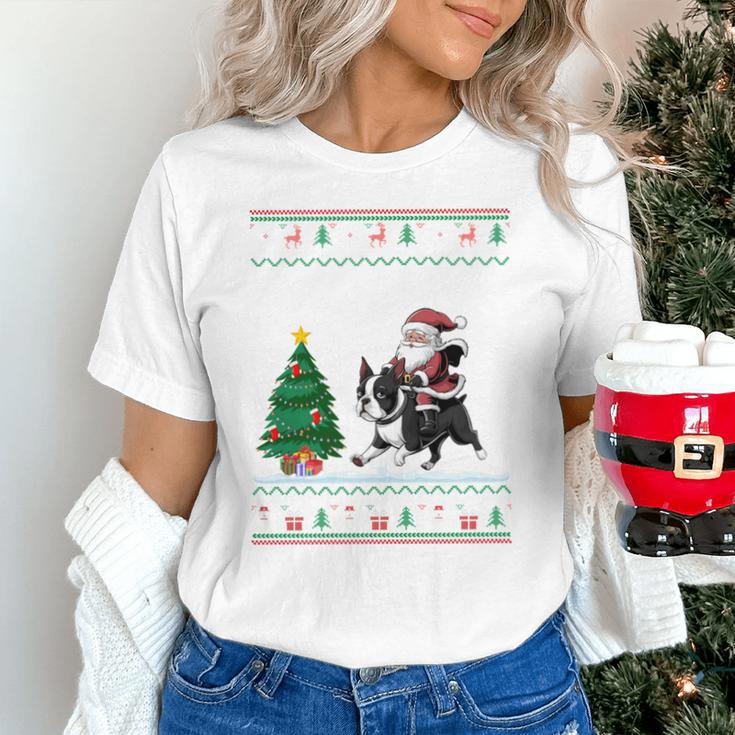 Ugly Christmas Tree Lights Xmas Santa Riding Boston Terrier Unisex T-Shirt, Boston Terrier Christmas Shirts, Boston Terrier Riding Shirts, gift for family, gift for coworker