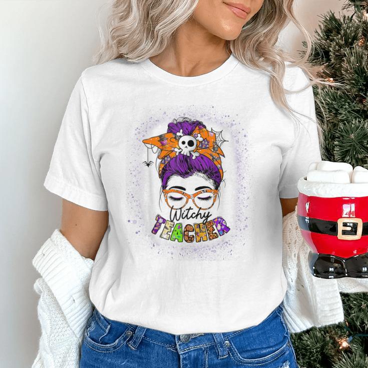 Witchy Teacher Halloween Messy Bun Teacher Bleached Unisex T-Shirt, gift for family, gift for coworker