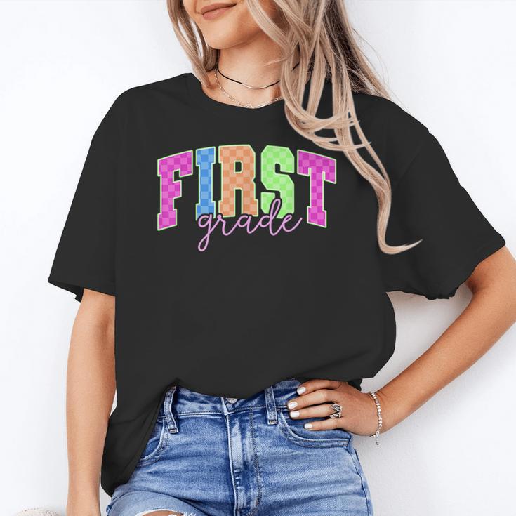 Back To School Neon Checkered First Grade Colorful Teacher Women's T-Shirt