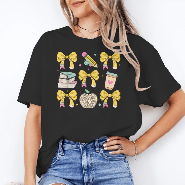 Back To School Yellow Bows Book Coffee Leopard Apple Teacher Women's T-Shirt