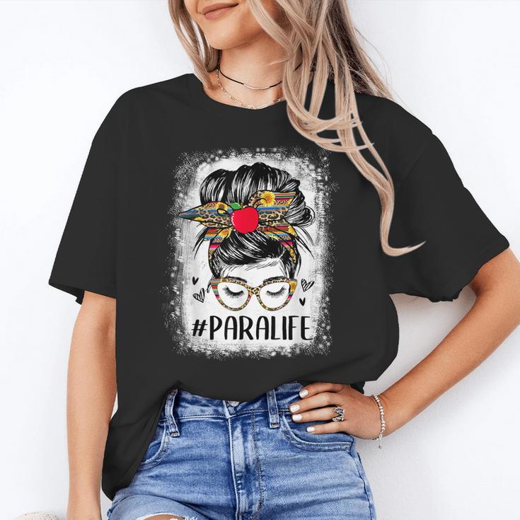 Bleached Teacher Para Life Paraprofessional Cute Messy Bun For Men Women Girls Kids Women's T-Shirt