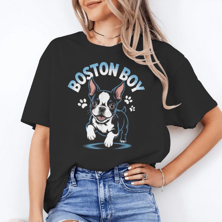 Boston Terrier Boy Cute Cartoon Dog Owner Pet Boston Terrier Women's T-Shirt