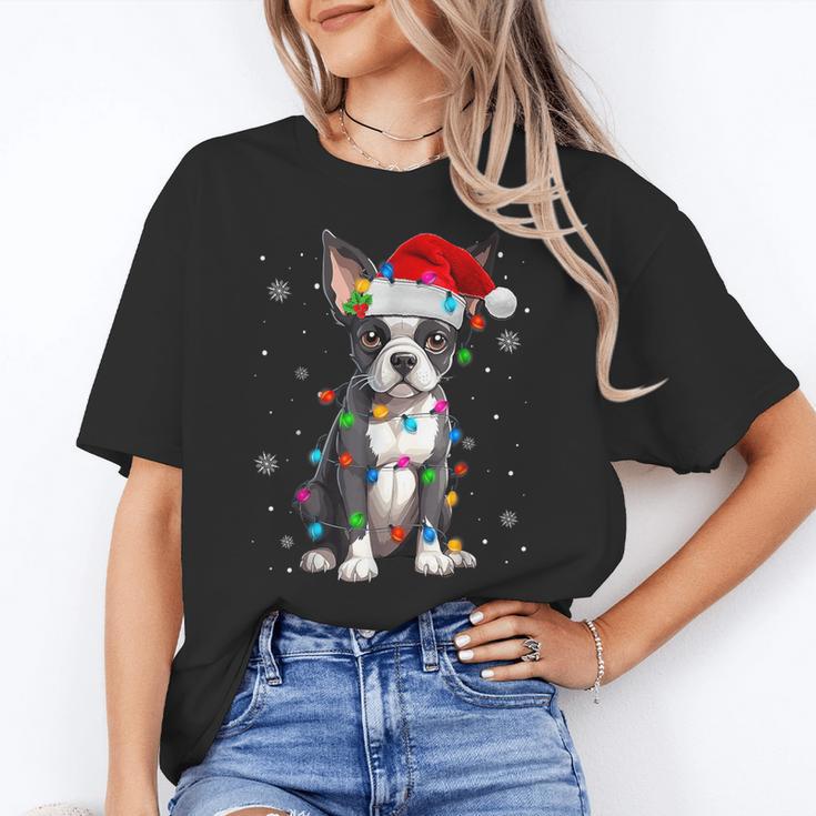 Boston Terrier Christmas Santa Hat Tree Lights Pajama Women's T-Shirt