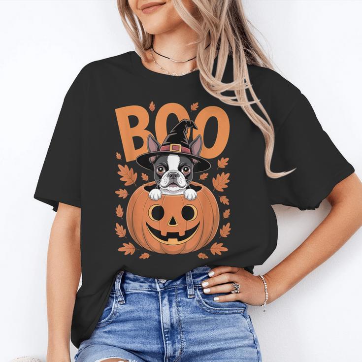 Boston Terrier Costume On Pumpkin Halloween Boston Terrier Women's T-Shirt