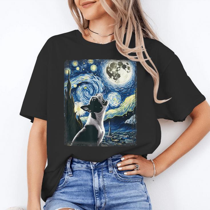 Boston Terrier Dog Art Van Gogh Starry Night Boston Terrier Women's T-Shirt