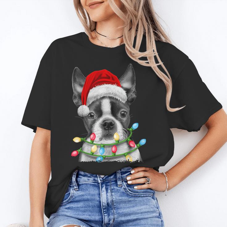 Boston Terrier Dog Santa Christmas Tree Lights Xmas Women's T-Shirt