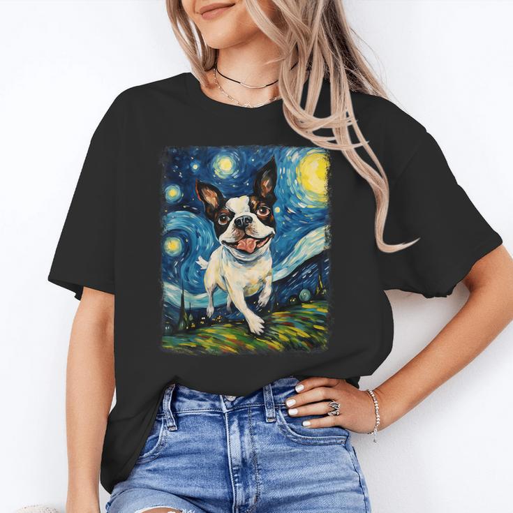 Boston Terrier Dog Starry Night Painting Women's T-Shirt