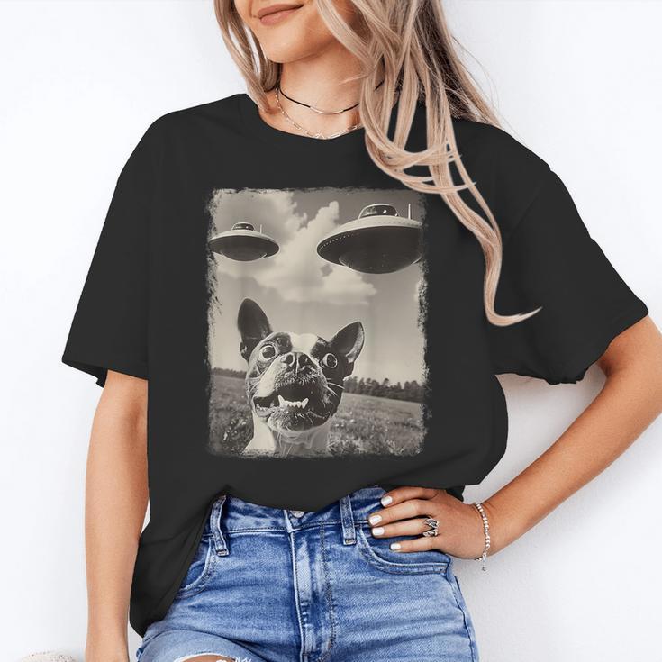 Boston Terrier Dog UFO Alien Extraterrestrial Selfie Women's T-Shirt