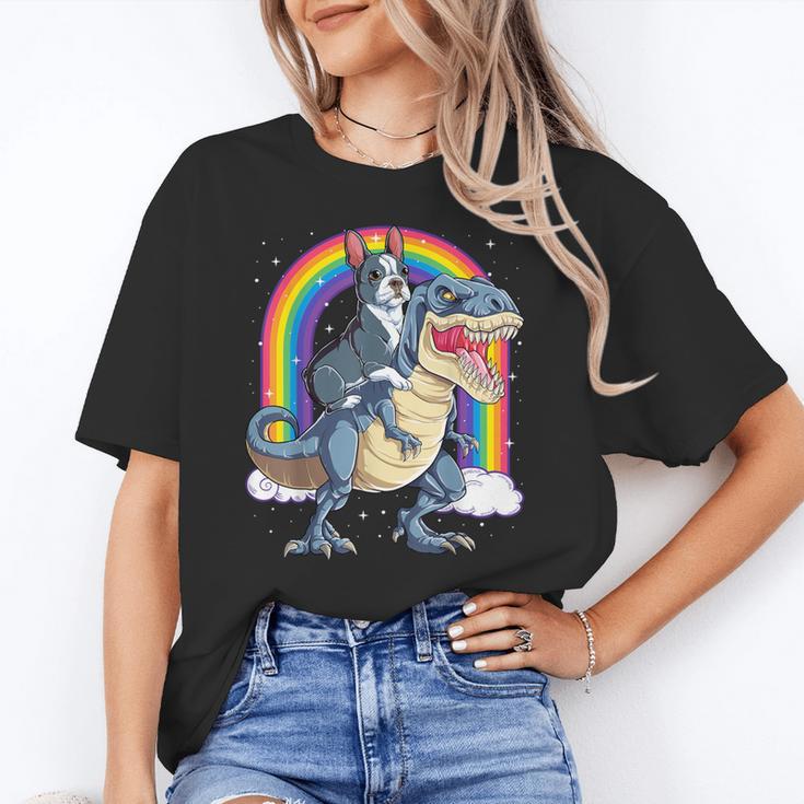 Boston Terrier Riding Dinosaur T-Rex Boys Kids Rainbow Women's T-Shirt