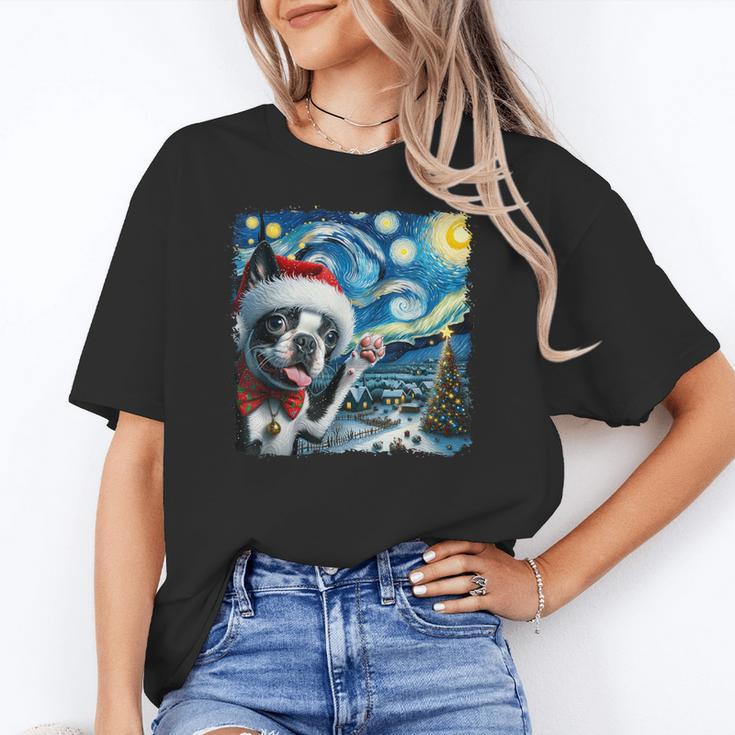 Boston Terrier Santa Starry Night Van Gogh Christmas Dog Men Women Kids Women's T-Shirt