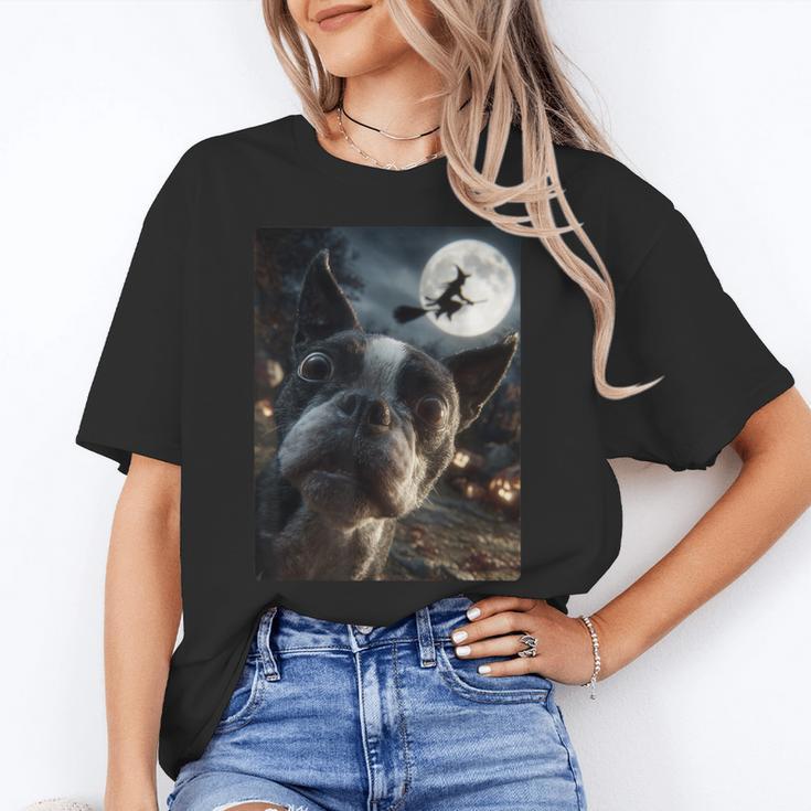 Boston Terrier Selfie Full Moon Flying Witch Halloween Dog Women's T-Shirt