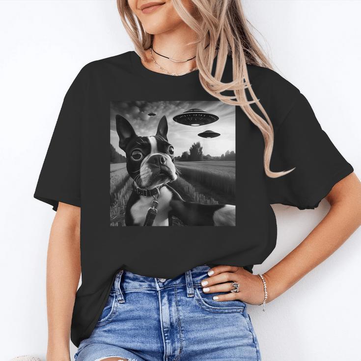 Boston Terrier Graphic Selfie With UFOs Weird Aliens Women's T-Shirt