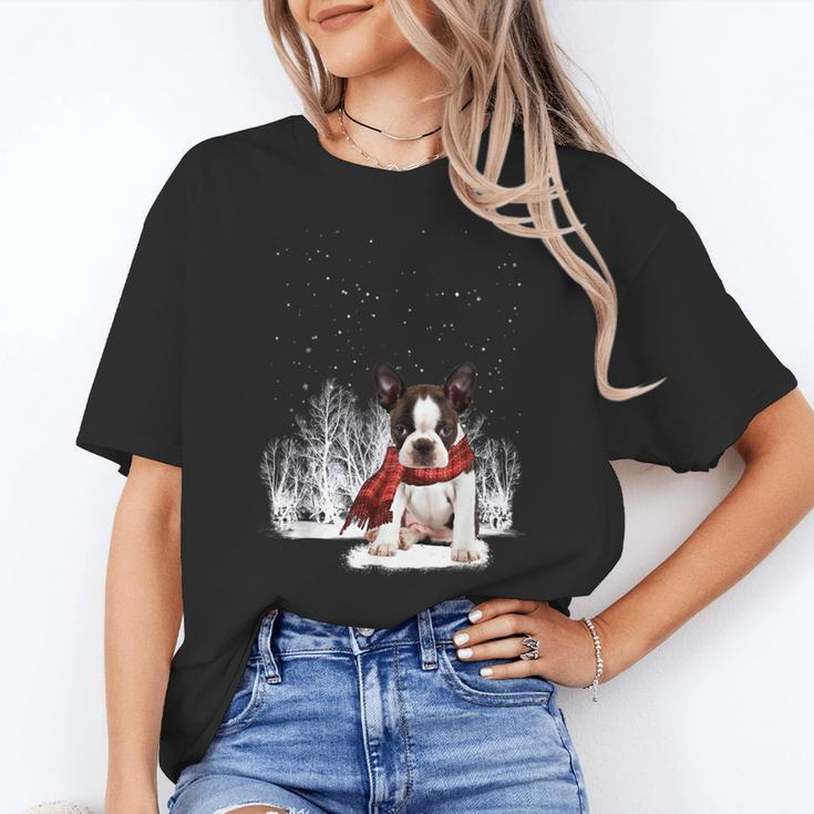 Boston Terrier In The Snow Merry Christmas Winter Women's T-Shirt