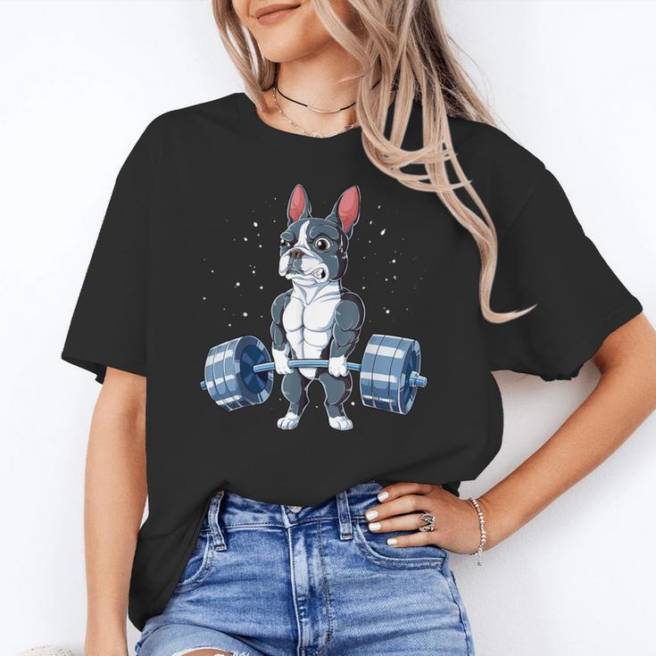 Boston Terrier Weightlifting Deadlift Men Fitness Gym Women's T-Shirt