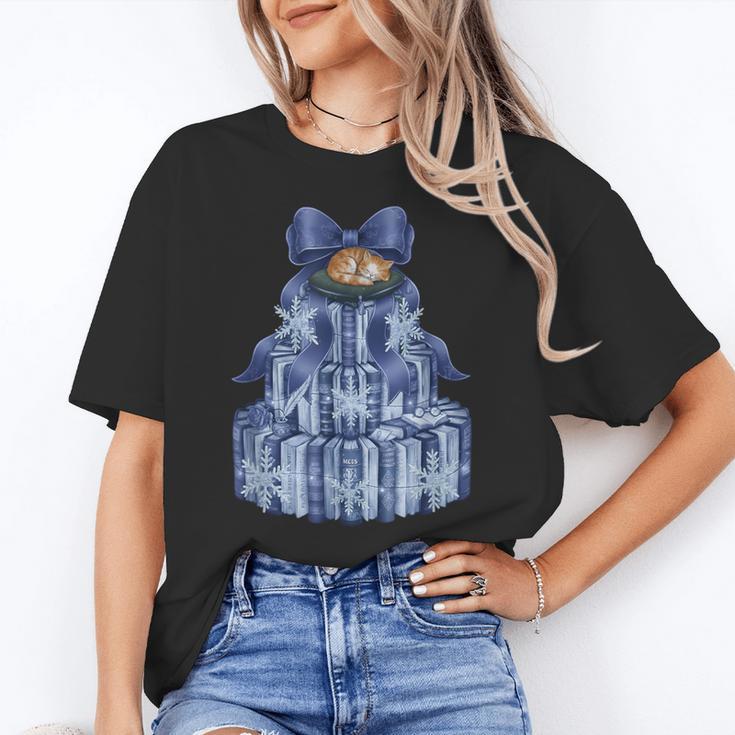 Coquette Bow Book Tree Merry Christmas Xmas Teacher Holiday Women's T-Shirt