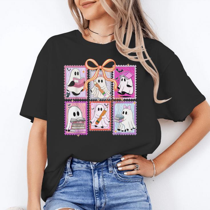 Coquette Bow Spooky Teacher Ghost Halloween Trick Or Teach Women's T-Shirt