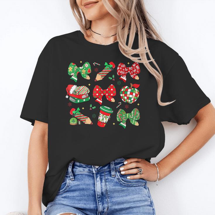 Cute Coquette Pencil Bow Christmas School Teacher Student Women's T-Shirt