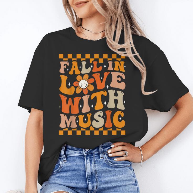 Fall In Love With Music Groovy Thanksgiving Music Teacher Men Women Girls Kids Women's T-Shirt