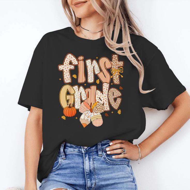 First Grade Fall Floral Coquette Bow Teachers Students Women's T-Shirt