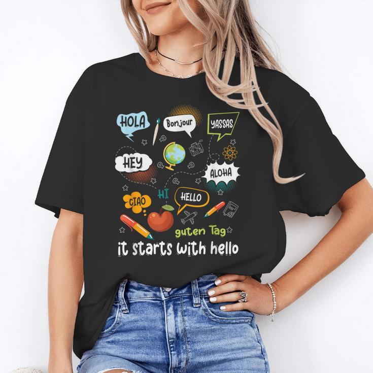 Friendship Inclusion Language Teacher It Starts With Hello Women's T-Shirt