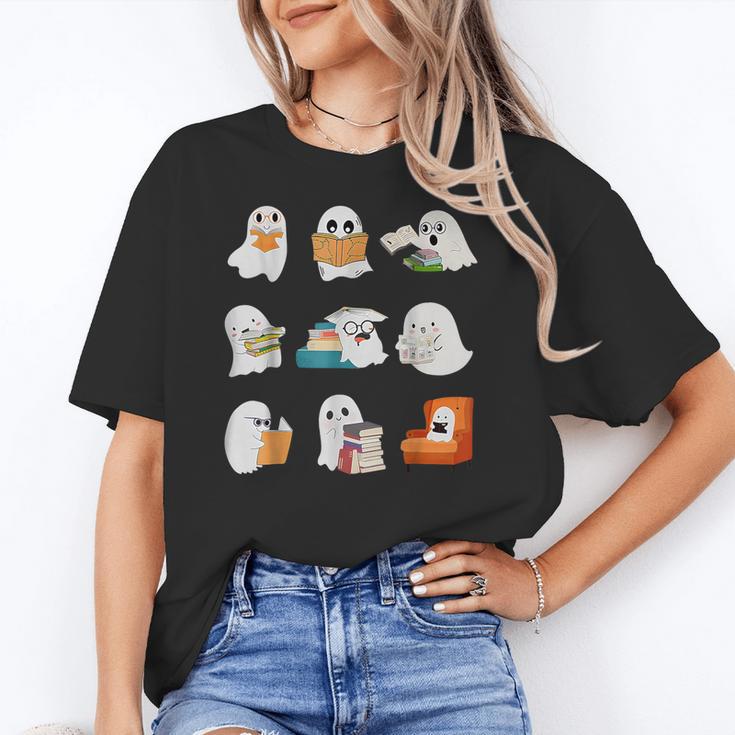 Ghost Reading Teacher Halloween Librarian Book Lover School Women's T-Shirt