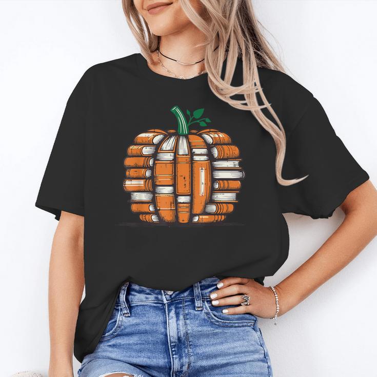 Halloween Books Pumpkin Reading Teacher Fall Men Women Women's T-Shirt