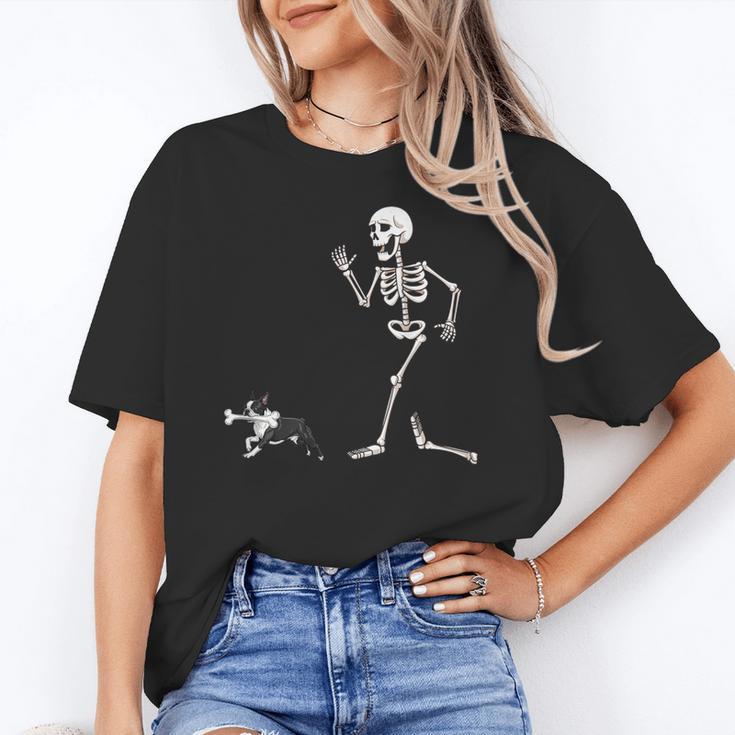 Halloween Boston Terrier And Skeleton Women's T-Shirt