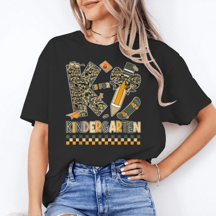 K Is For Kindergarten Teacher Coquette Bow Camo Women's T-Shirt