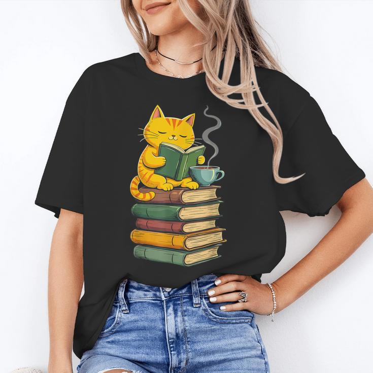 Kawaii Cats Lover Coffee Books Teacher Librarian Cat Women's T-Shirt