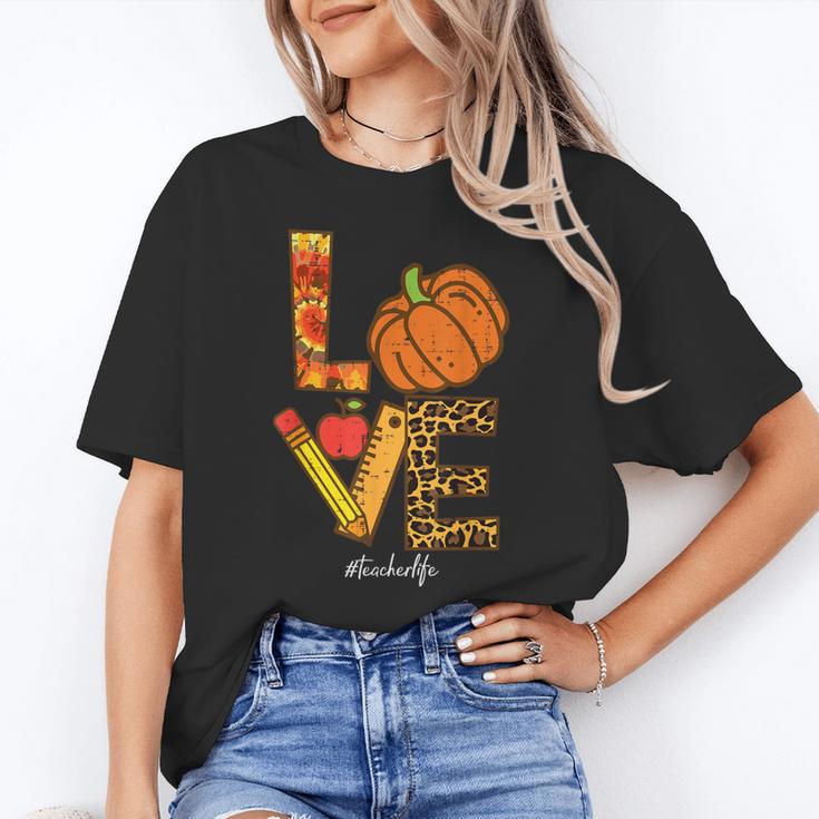 Leopard Pumpkin Love Teacher Life Thanksgiving Fall Women Women's T-Shirt