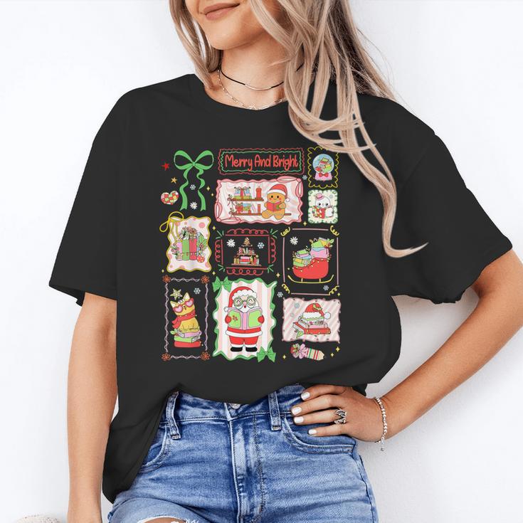 Merry And Bright Christmas Gingerbread Santa Book Teacher Women's T-Shirt