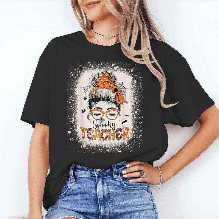 Messy Bun Spooky Teacher Bleached Halloween Teachers Women's T-Shirt