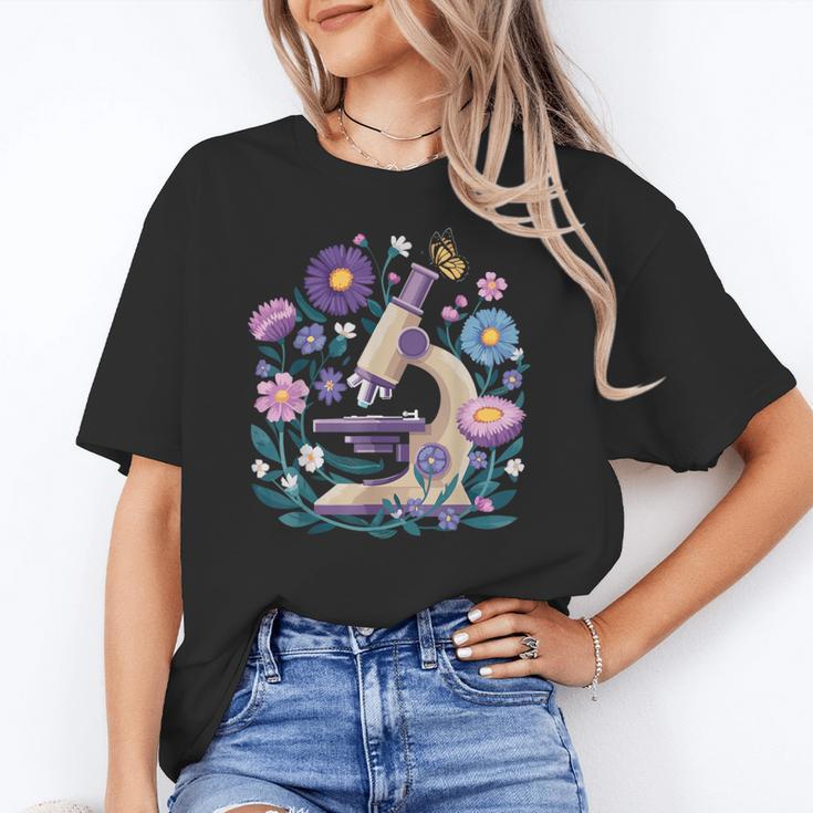 Microscope Flower Butterfly Biology Science Teacher Student Women's T-Shirt