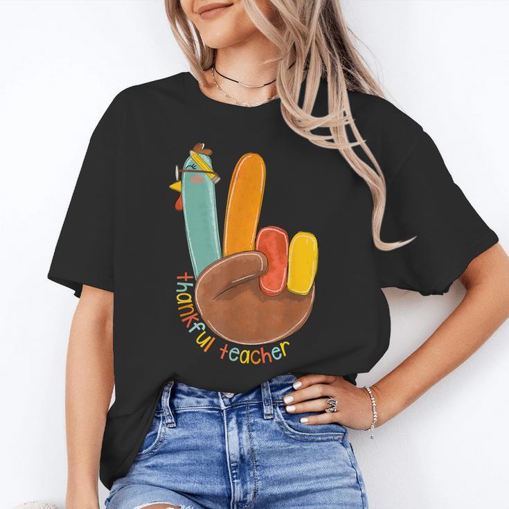 One Thankful Teacher Thanksgiving Turkey Peace Hand Sign Women's T-Shirt