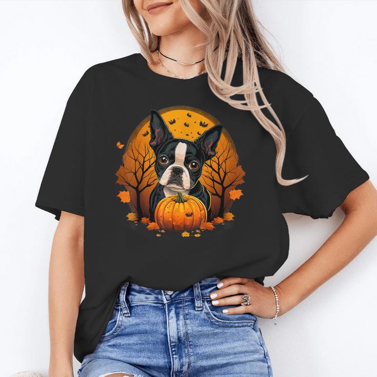 Pumpkin Boston Terrier Costume On Boston Terrier Halloween Women's T-Shirt