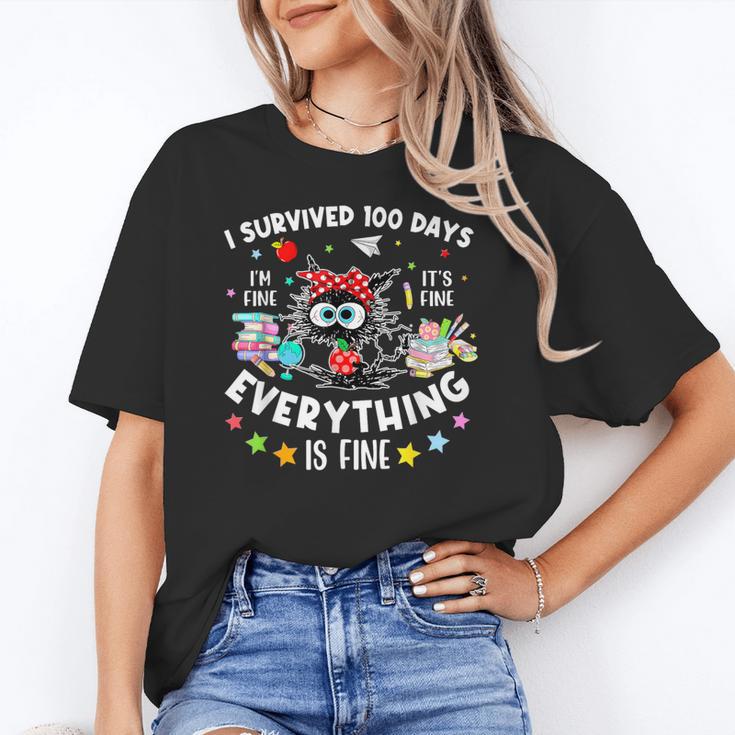 I Survived 100 Days Of School Teacher Kids Cat Lover Women's T-Shirt