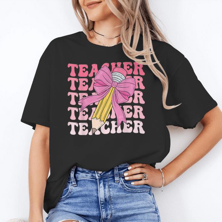 Teacher Pencil Back To School Groovy Pink Teacher First Day Women's T-Shirt