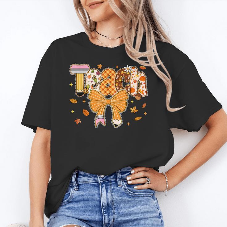 Thanksgiving Teacher Pencil Bow One Thankful Teacher Fall Women's T-Shirt