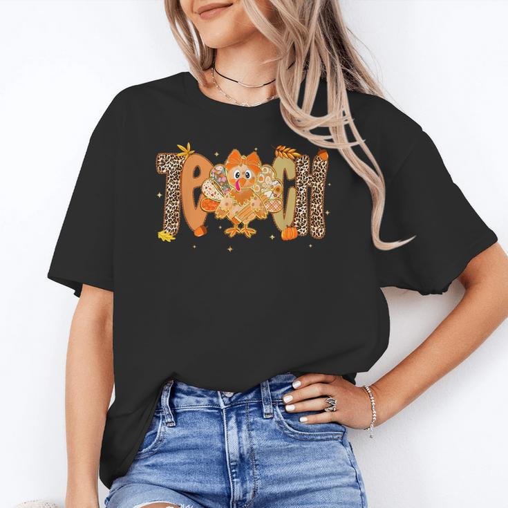 Thanksgiving Turkey Teach Thankful Teacher Girly Bow Women Women's T-Shirt