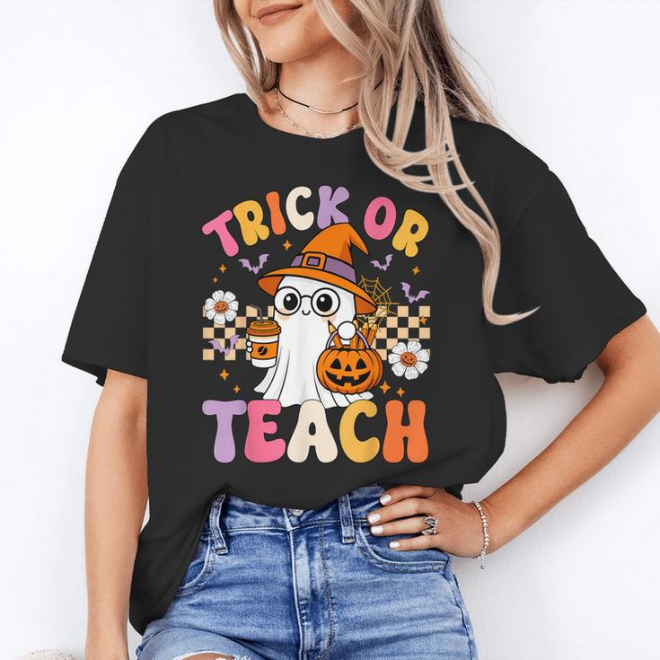 Trick Or Teach Cute Ghost Coffee Pumpkins Halloween Teacher Women's T-Shirt