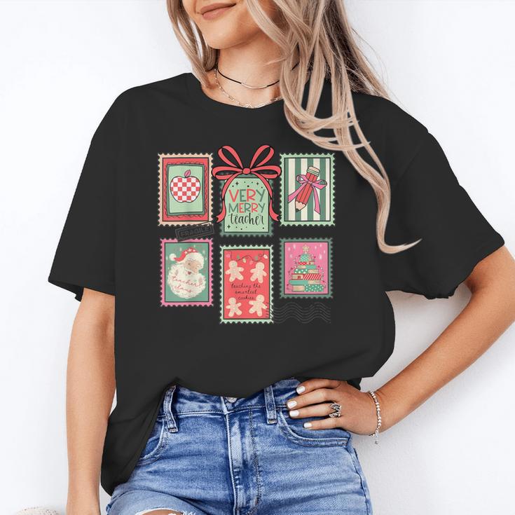 Vintage Preppy Very Merry Teacher Santa Stamps Christmas Women's T-Shirt